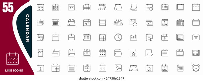 Calendar thin line icons set. Deadline, timetable, schedule, meeting, appointment outline icon collection. Thin outline icons pack.