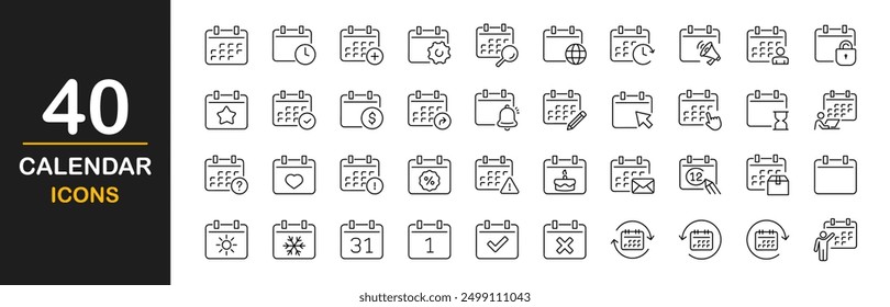 Kalender-Dünnlinien-Symbole festgelegt. Erinnern Sie sich an die Ereigniszeichen des Organisators. Kalenderbenachrichtigungssymbole. Enthält Datum, Zeitplan, Termin, Tagesordnung, Organisation, Veranstaltung und mehr. Vektorgrafik