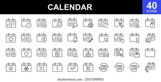 Calendar thin line icons set. Reminder organizer event signs. Calendar notification icons. Containing date, schedule, appointment, agenda, organization, event, and more. Vector illustration