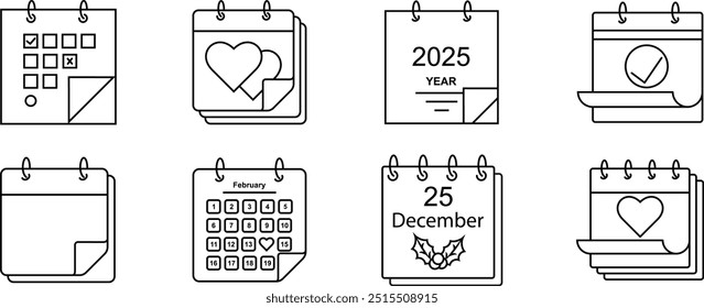 Calendar thin line icons set. Deadline, schedule, schedule, New Year, Valentine's day, meeting, appointment outline icons collection. Thin line icon set.