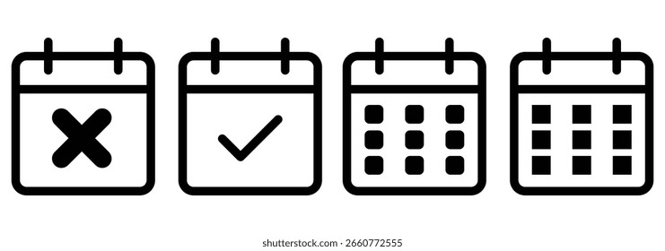 Ícones de linha fina do calendário definidos. Prazo final, horário, agenda, reunião, coleção de ícones da estrutura de tópicos do compromisso. Pacote fino de ícones de estrutura de tópicos. Ícone de calendário definido. Símbolo do calendário. ícone do vetor de calendário. 