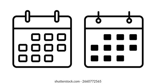 Kalender-Dünnlinien-Symbole festgelegt. Termin, Zeitplan, Zeitplan, Besprechung, Symbolsammlung für Terminumrisse. Paket mit dünnen Gliederungssymbolen. Kalendersymbolsatz. Kalendersymbol. Kalendervektorsymbol. 