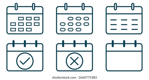 Kalender-Dünnlinien-Symbole festgelegt. Termin, Zeitplan, Zeitplan, Besprechung, Symbolsammlung für Terminumrisse. Paket mit dünnen Gliederungssymbolen.  Enthaltend Datum, Zeitplan, Monat, Woche, Termin, Tagesordnung. 