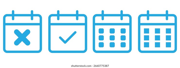 Calendar thin line icons set. Deadline, timetable, schedule, meeting, appointment outline icon collection. Thin outline icons pack.  Containing date, schedule, month, week, appointment, agenda. 