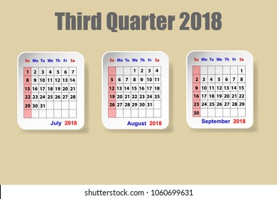Calendar for third quarter of 2018 year on the yellow background