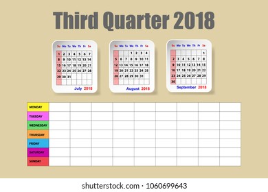 Calendar for the third quarter of 2018 year on the yellow background with weekly schedule on the lower half of the vector