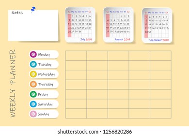 Calendar for third quarter of 2019 year with weekly planner chart and blank label for notes. Week start Sunday.
