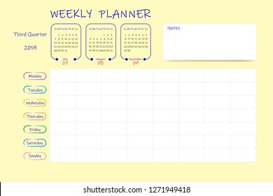 Calendar for third quarter of 2019 year with weekly planner chart and blank label for notes and main tasks. Monthly tables are vertical. Week start Sunday.