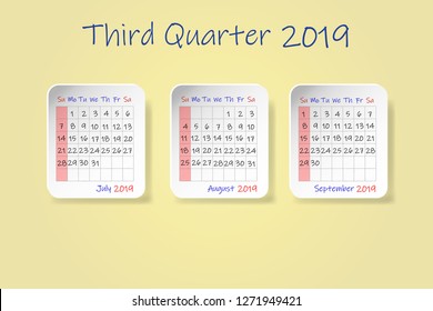 Calendar for third quarter of 2019 year. Week start Sunday. All on the yellow background. 