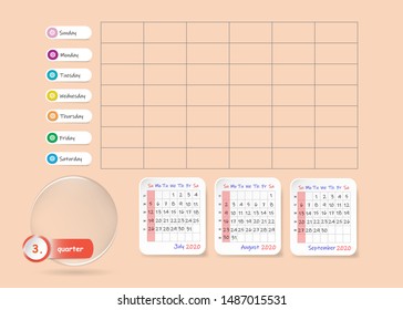 Calendar for third quarter of 2020 year with weekly planner chart and blank label for notes and main tasks. Week start Sunday.