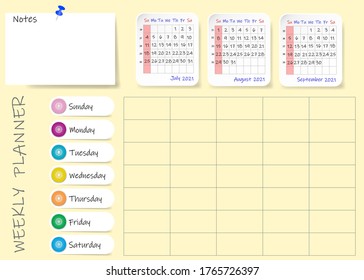 Calendar of third quarter of 2021 year with weekly planner table and blank label for notes. Week starts Sunday.