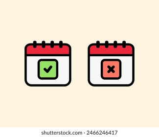 Calendar with tick check mark and cross mark icon. Approved and Rejected Calendar. Schedule, plan, meeting, appointment, reminder concepts. Filled line vector design isolated illustration.