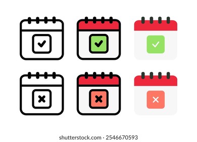 Calendar with tick check mark and cross mark icon. Approved and Rejected Calendar. Schedule, plan, meeting, appointment, reminder concept. Flat vector design isolated illustration.