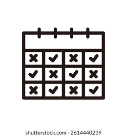 Calendar with tick check mark and cross mark icon. Business, meeting, schedule, plan, event, reminder, appointment concept. Outlined vector design isolated illustration.