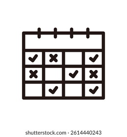 Calendar with tick check mark and cross mark icon. Business, meeting, schedule, plan, event, reminder, appointment concept. Outlined vector design isolated illustration.