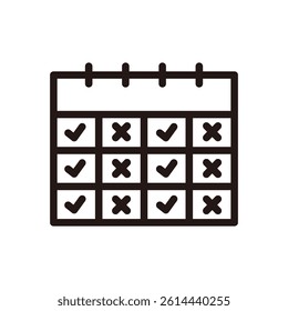 Calendar with tick check mark and cross mark icon. Business, meeting, schedule, plan, event, reminder, appointment concept. Outlined vector design isolated illustration.