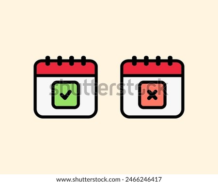 Calendar with tick check mark and cross mark icon. Approved and Rejected Calendar. Schedule, plan, meeting, appointment, reminder concepts. Filled line vector design isolated illustration.
