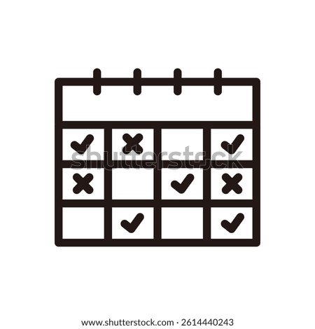 Calendar with tick check mark and cross mark icon. Business, meeting, schedule, plan, event, reminder, appointment concept. Outlined vector design isolated illustration.