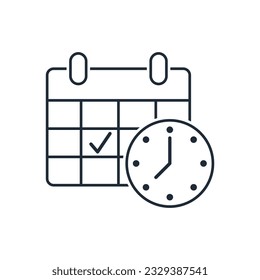 Calendar with tick and clock. Event duration. Beginning, end of action. Vector linear icon isolated on white background.