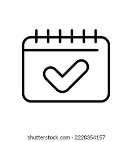 Calendario con icono de línea de marca. Día importante, realizado, bien, hecho, mes, puntualidad, aniversario. Concepto de gestión del tiempo. Icono de línea negra del vector en fondo blanco