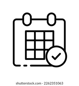 Kalender mit dem Icon mit dem Häkchen. Wichtiger Tag, aufgeführt, ok, getan, Monat, Pünktlichkeit, Jahrestag. Zeitmanagement-Konzept. Vektorliniensymbol auf weißem Hintergrund