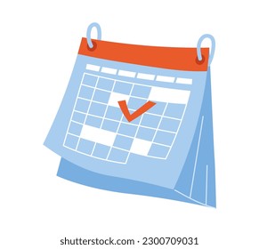 Calendario con marca. Gestión del tiempo y organización de un proceso eficaz de trabajo y estudio, fijando plazos. Recordatorio u organizador. Afiche o cartel para el sitio web. Dibujo vectorial plano de dibujos animados
