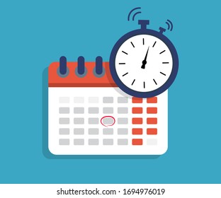 Calendar with time clock icon. Clock time calendar. Date of schedule. Deadline and meeting concept. Time countdown. Reminder of holiday. Finance timer and organizer. Appointment in year, month. Vector