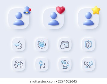 Calendar time, Discrimination and Hydroelectricity line icons. Placeholder with 3d bell, star, heart. Pack of Intersection arrows, Dice, Stress icon. Hospital, Idea pictogram. Vector
