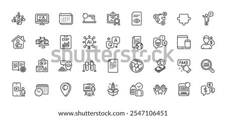 Calendar time, Document and Build line icons pack. AI, Question and Answer, Map pin icons. Teamwork, Ranking, Report web icon. Money currency, Certificate, Air fan pictogram. Vector
