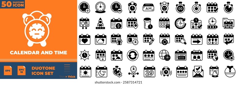 Calendar And Time Duotone Editable Icons set. Vector illustration in modern thin duotone style of calendar and time icons: clock, stopwatch, timer, etc