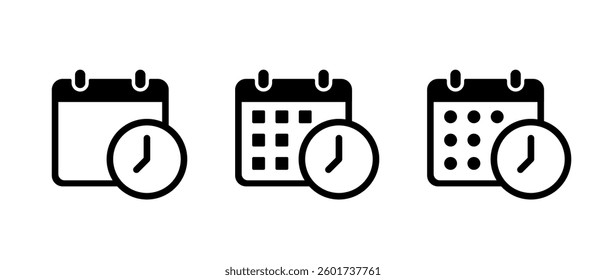 Calendar with time icon set. Date schedule with clock sign symbol