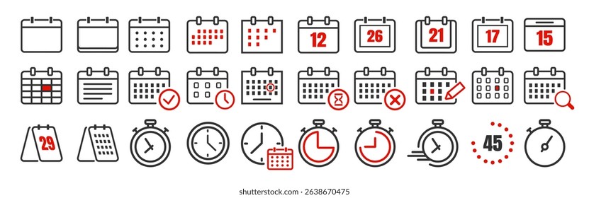 Calendar and Time Icon Set. Flat Vector Calendar Symbols and Clocks on Transparent Background