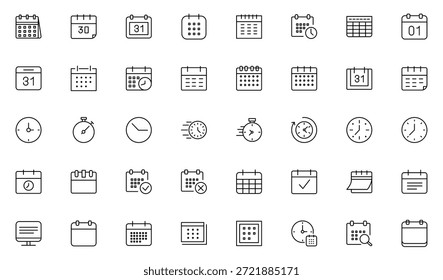 Calendar and Time Icon Set. Flat Vector Calendar Symbols and Clocks. Thin outline icons pack. Vector illustration