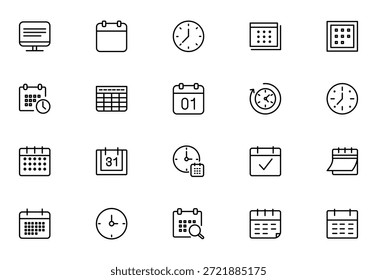 Calendar and Time Icon Set. Flat Vector Calendar Symbols and Clocks. Thin outline icons pack. Vector illustration