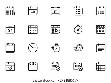 Calendar and Time Icon Set. Flat Vector Calendar Symbols and Clocks. Thin outline icons pack. Vector illustration