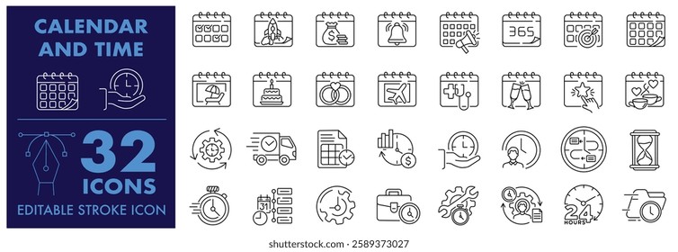 Calendar and Time Icons Organizer, Event, Planner, Meeting, Agenda and Save the date more Editable Stroke Icons set