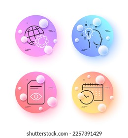 Calendar time, Idea and View document minimal line icons. 3d spheres or balls buttons. Globe icons. For web, application, printing. Clock, Creative designer, Open file. Internet settings. Vector