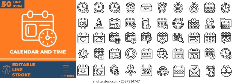 Calendar And Time Line Editable Icons set. Vector illustration in modern thin line style of calendar and time icons: clock, stopwatch, timer, etc