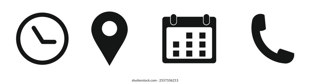 Calendar, Time, Location, icon set. White Background 