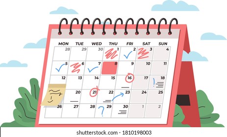 Calendar time management concept. Vector conceptual illustration of a big desk calendar showing monthly schedule with notes and check marks. Concept of time management, monthly schedule, timetable