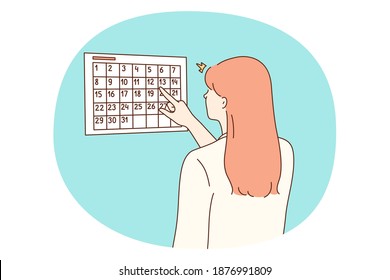 Calendar, time management, personal planning concept. Young woman odic worker secretary standing near calendar and counting days before event or meeting in office vector illustration 