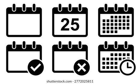 Calendar time management symbol collection in a flat black vector format, planning, scheduling, deadlines, events, and dates.