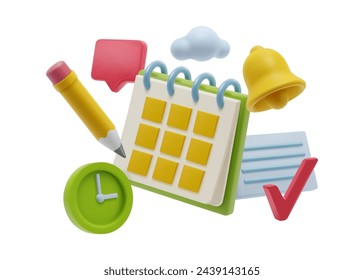 Herramientas de calendario y gestión del tiempo para la programación, organización de tareas de trabajo. Iconos 3d realistas aislados del vector de la campana de la notificación, del lápiz y del reloj. Nota y marca de verificación, sincronización en la nube