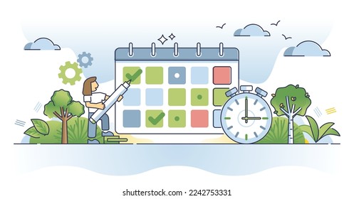Calendar time schedule with appointment event planning outline concept. Clock management for meeting, notes or agenda organization vector illustration. Weekly or monthly project deadline notification.