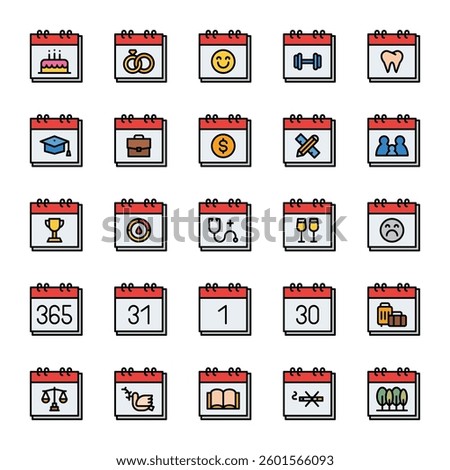 calendar and time schedule icons. filled color style icon set
