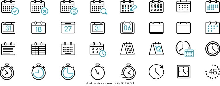 Zeitplan und Uhrzeit. Satz von Kalendersymbolen. Zeit und Uhr, Kalender, Timer-Linien-Symbole