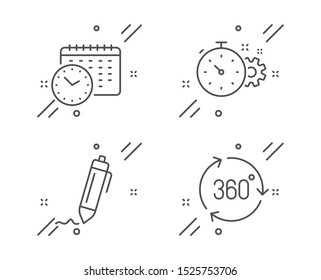 Calendar time, Signature and Cogwheel timer line icons set. 360 degree sign. Clock, Written pen, Engineering tool. Virtual reality. Science set. Line calendar time outline icon. Vector
