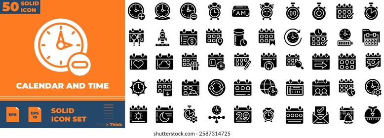 Calendar And Time Solid Editable Icons set. Vector illustration in modern thin solid style of calendar and time icons: clock, stopwatch, timer, etc