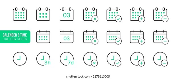 Calendar and time thin line icon. Minimal flat vector illustration. Included simple outline icons as schedule, reminder, appointment, planner, event time, timer, clock.