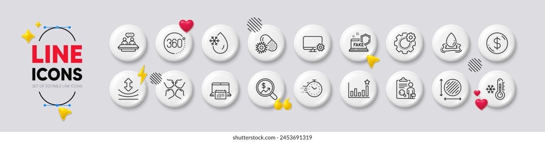 Calendar, Timer and Efficacy line icons. White buttons 3d icons. Pack of Water splash, Fake internet, Circle area icon. Squad, Freezing water, Low thermometer pictogram. Vector